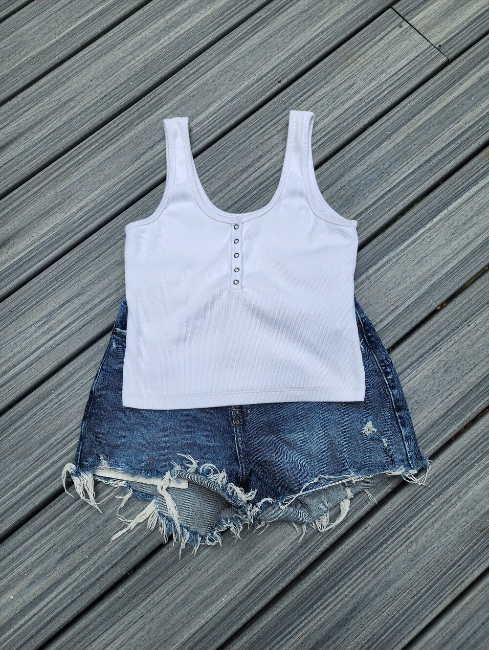 M Cropped White Ribbed Tank with Front Snap Buttons